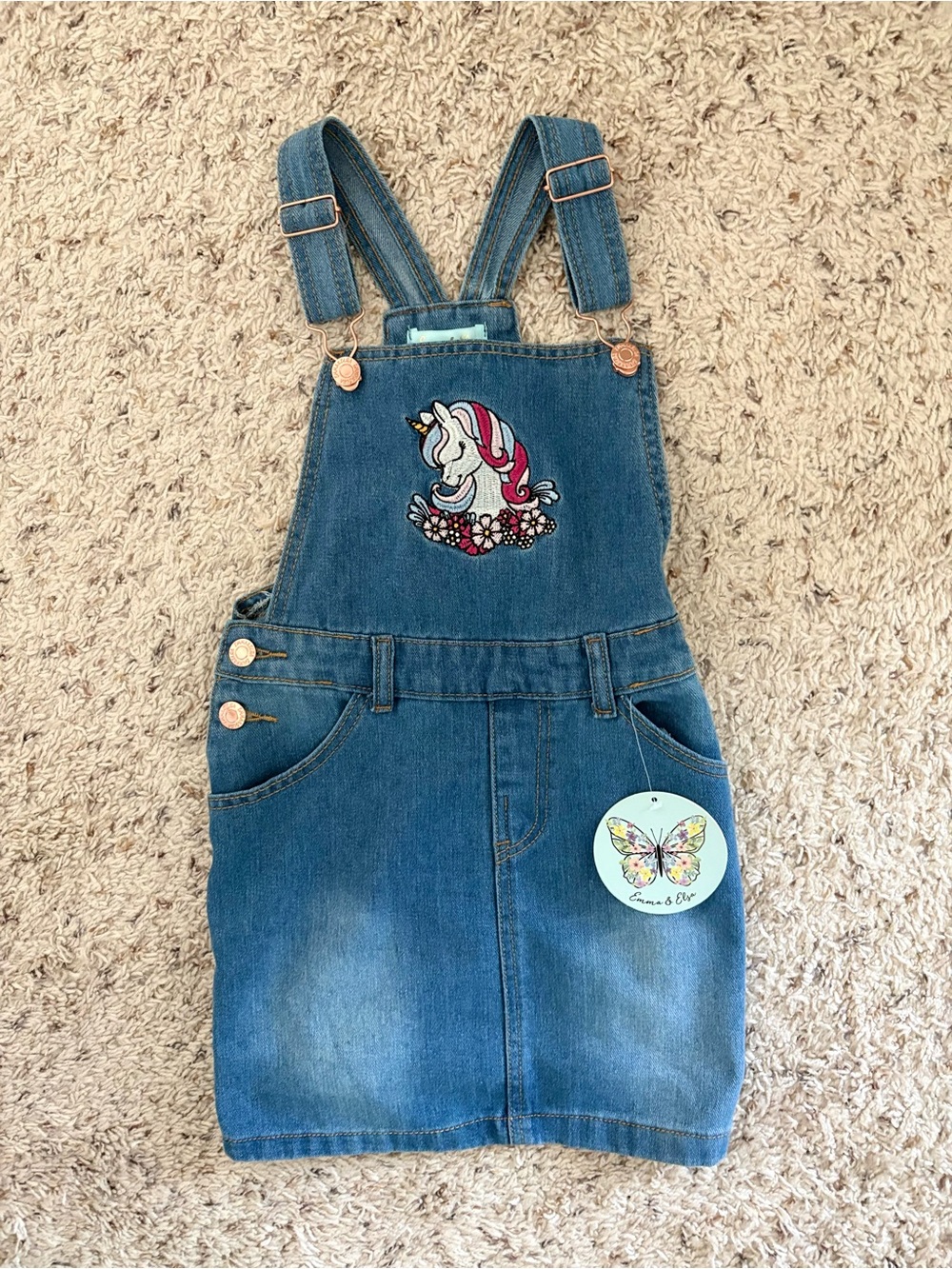 Emma & Elsa Girls Denim Jumper Dress w/ Unicorn Embroidery Size 6X NWT